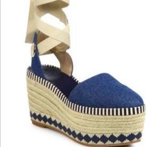 Tory Burch Dandy Denim Ankle Wrap Wedge Platform Espadrilles.
